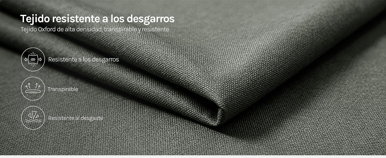 Texto de Triple resistente a los desgastes con tres iconos circulares que muestran las características de durabilidad de la tela sobre una superficie textil oscura.