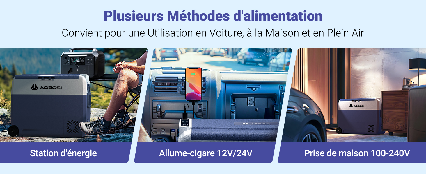 avec plusieurs options de recharge : borne d'alimentation, adaptateur de voiture 12 V/24 V et prise domestique 100-240 V. Convient pour une utilisation en extérieur et en véhicule