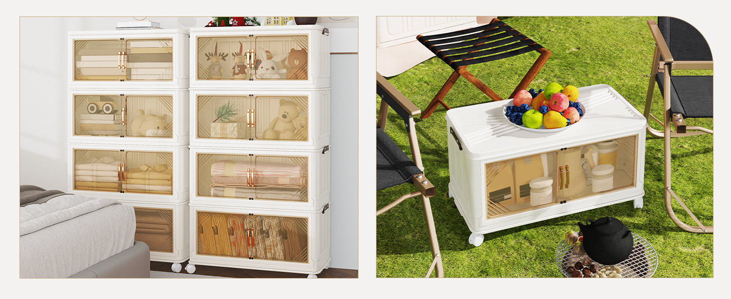 Left: wooden storage unit with six woven basket drawers. Right: white raised garden planter box with metal frame on grass containing vegetables.