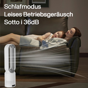 démontrant un fonctionnement silencieux à 36 dB en mode veille. Femme assise sur un canapé avec un ventilateur soufflant de l'air au premier plan.