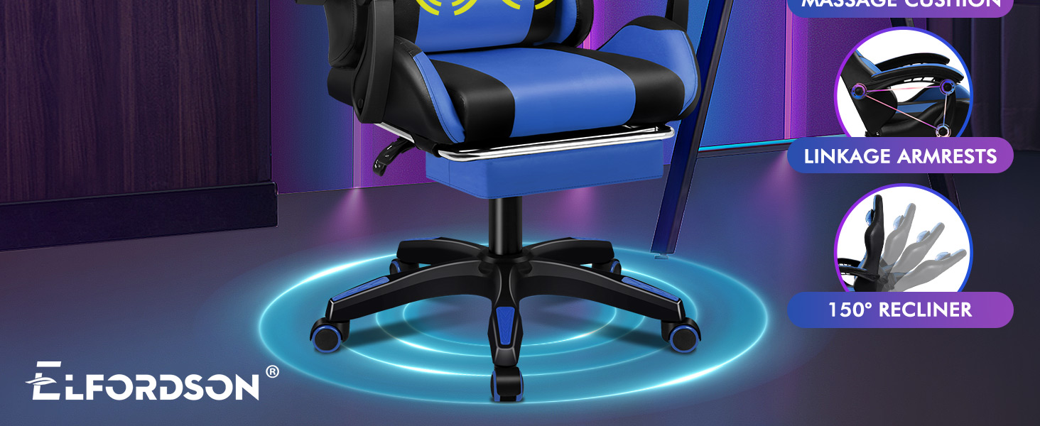 Gaming chair product images showing various angles and features in purple and blue lighting against dark background.