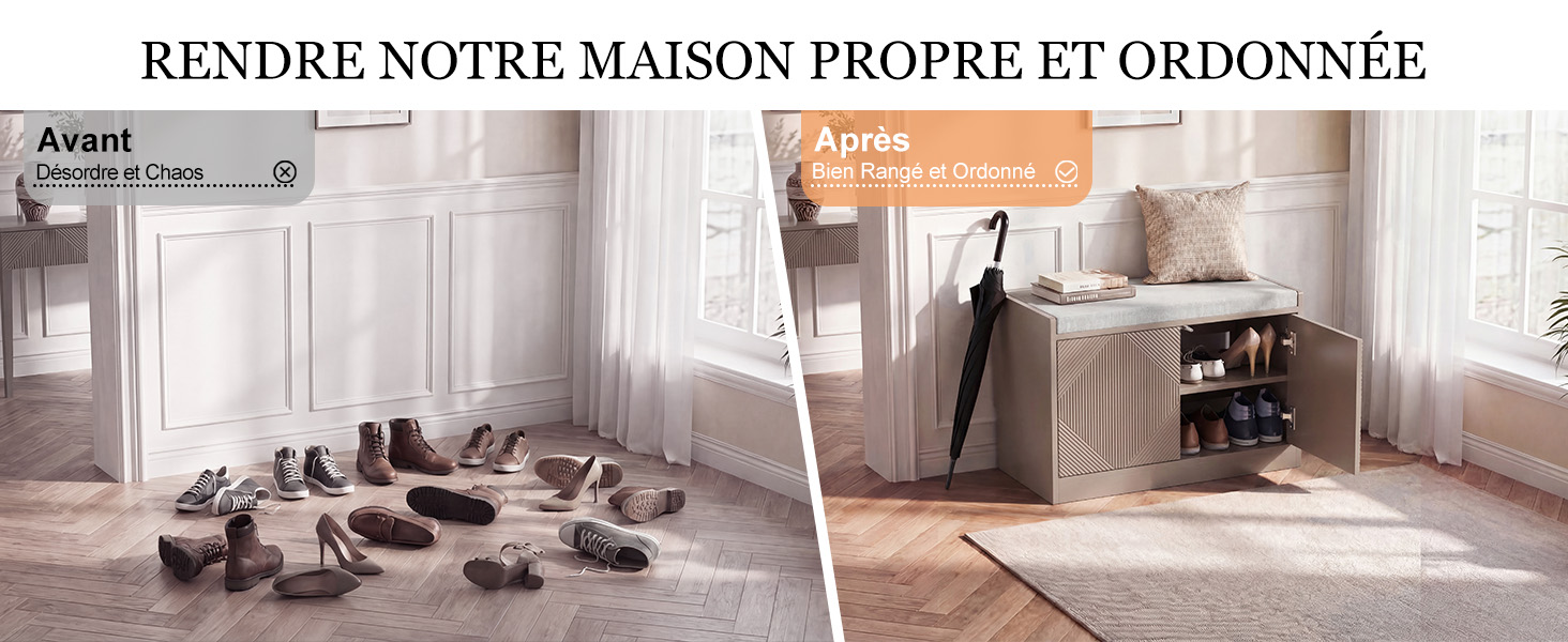 Le texte « RENDRE NOTRE MAISON PROPRE ET ORDONNÉE » montre des images de design d'intérieur divisées avec des sections « Avant » et « Après » illustrant la transformation de l'organisation de la maison.