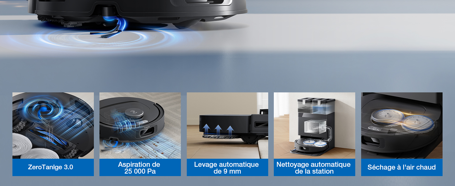 Cinq vignettes de produits avec des étiquettes bleues indiquant : ZENFOLD 2, CARACTÉRISTIQUES DE PERFORMANCE, DESIGN LÉGER, MULTITÂCHE IMMERSIF ET CARACTÉRISTIQUES DE GARANTIE DE 360 JOURS d'un appareil pliable.