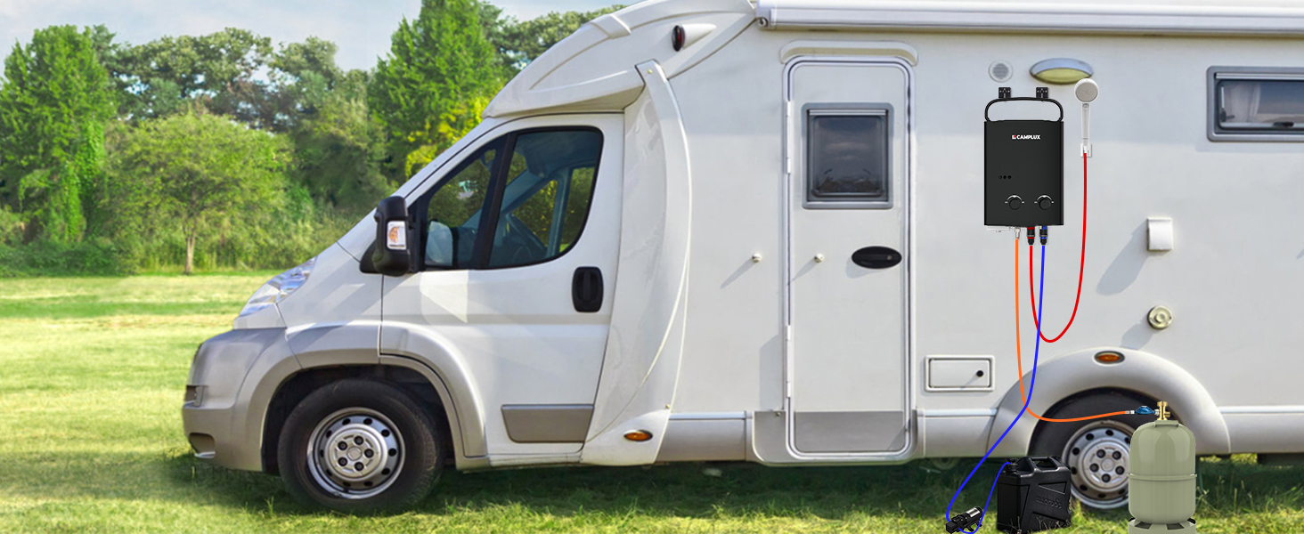 Camping-car blanc garé sur l'herbe avec des arbres en arrière-plan. Comprend une porte latérale visible, des fenêtres et une prise d'alimentation externe.