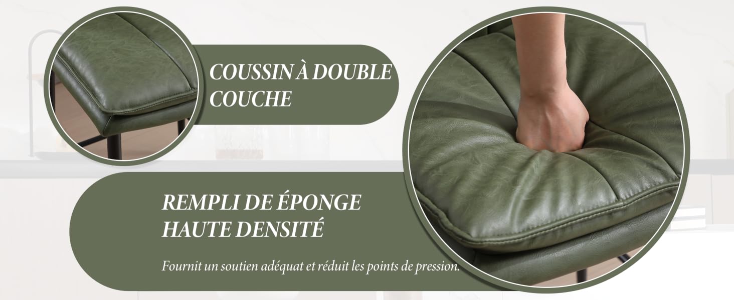 vert olive avec motif capitonné. Les gros plans montrent des coutures à double couture et un rembourrage en mousse haute densité. Une main appuie sur le coussin, démontrant ainsi sa douceur.