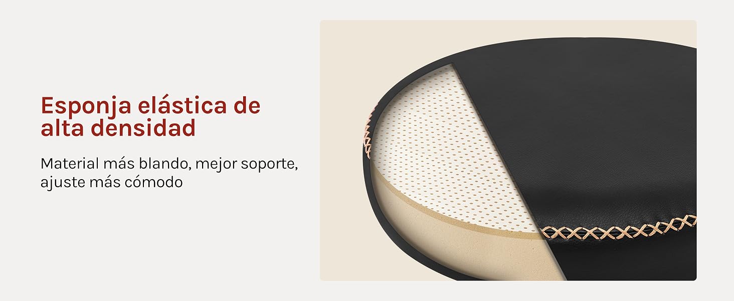 Primer plano de un cojín circular o almohadilla de asiento con interior de espuma elástica de alta densidad. Funda de tela de color beige visible, con ribetes negros y costuras decorativas en el borde