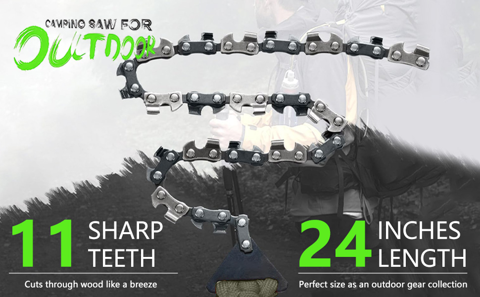 Chainsaw chain with 11 sharp teeth, measuring 24 inches in length, displayed against dark background with green text overlay.