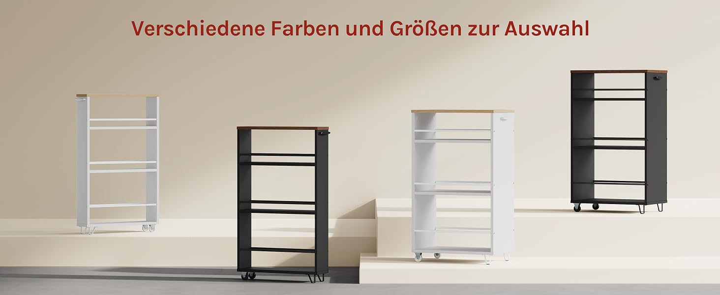 Il testo recita «Verschiedene Farben und Größen zur Auswahl!» Sei armadi contenitori esposti nelle finiture nero, bianco e grigio, ad altezze diverse.