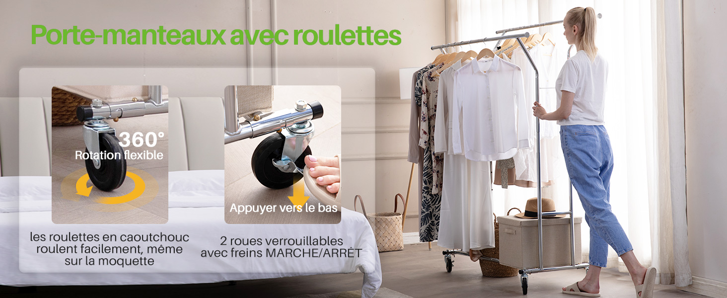 Le texte indique « Porte-manteaux avec roulettes ». Plusieurs panneaux présentant les caractéristiques du porte-vêtements, y compris la rotation des roues à 360° et les instructions de montage.