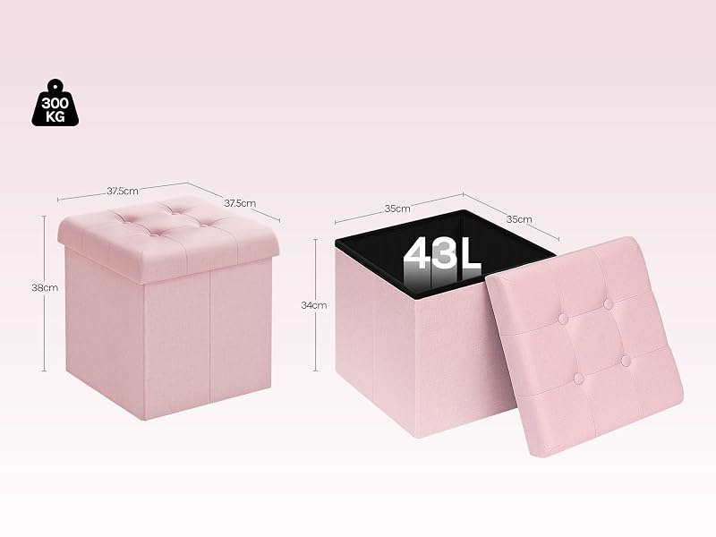 rosa con tapa extraíble. Se muestran las dimensiones del producto y la capacidad de 48 litros. Asientos y funciones de almacenamiento de doble uso