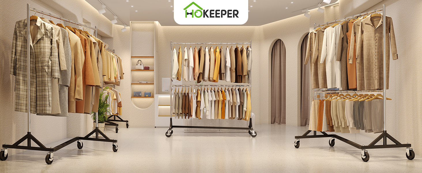 Le porte-vêtements est en bois et dispose d'un support suspendu sur lequel sont accrochés des vêtements.