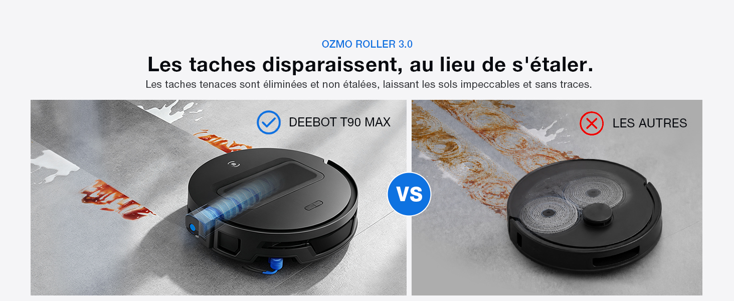 Le texte se lit comme suit : « Les poches disparaissent, au lieu de s'éliter ». Deux aspirateurs robotiques noirs, vus de dessus, présentent les détails de conception du collecteur de poussière et les différences structurelles.