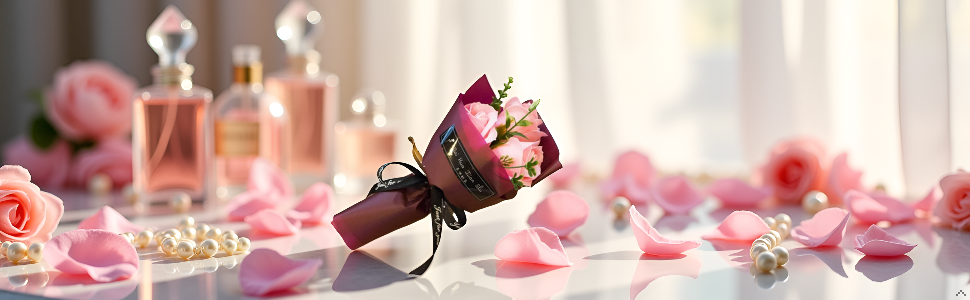 Text reads 'Image 5'. Decorative scene with red rose and scattered rose petals on surface, with glass bottles and soft focus background creating romantic atmosphere.