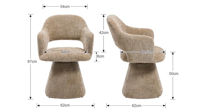 Technical diagram showing dimensions of an upholstered armchair or sofa in beige/natural fabric. Multiple views display height, width, and depth measurements.