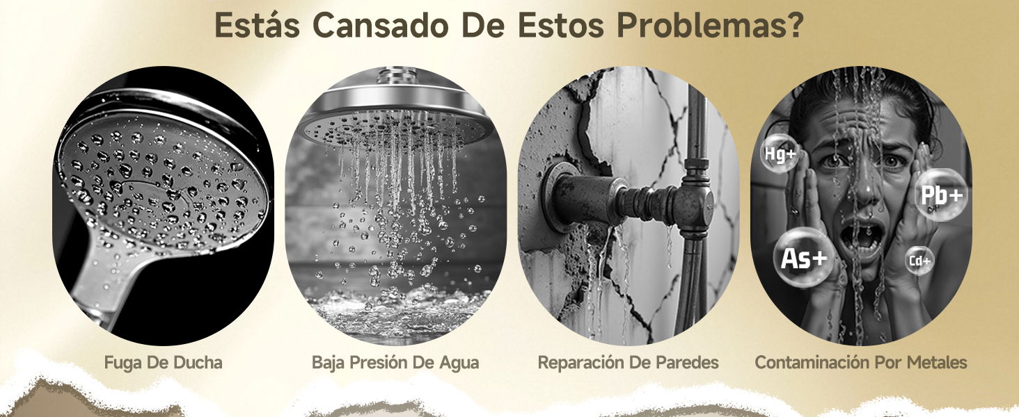El texto dice: «¿Estás cansado de estos problemas?» Serie de fotografías circulares en blanco y negro que muestran cuestiones relacionadas con el agua.