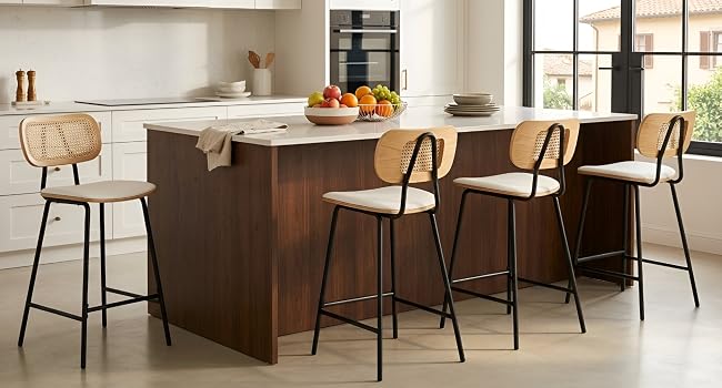 Am�nagement de salle ? manger moderne avec table en bois fonc�, tabourets de bar en bois naturel avec si?ges tiss�s, couverts avec plats et boissons expos�s.