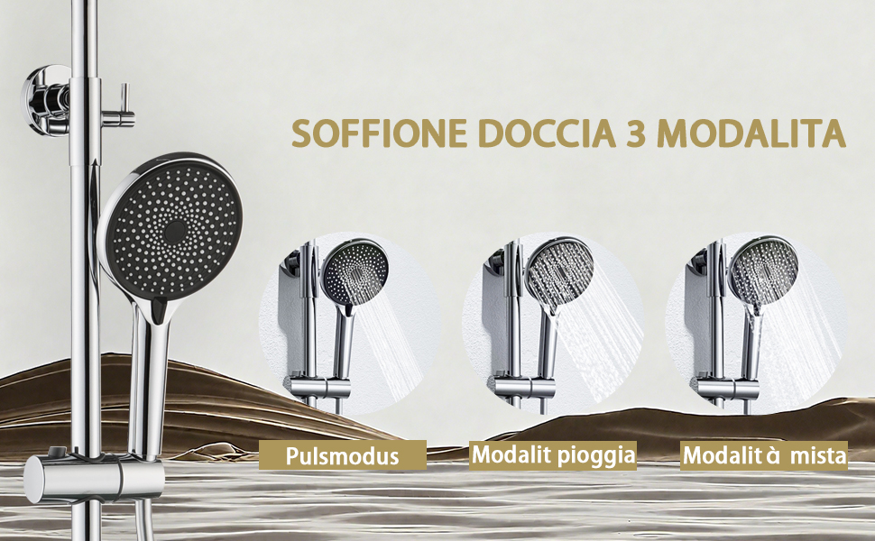 Il testo recita 'SOFFIONE DOCCIA 3 MODALITÀ'. Soffioni doccia cromati multipli montati su una parete piastrellata bianca, che mostrano diverse opzioni di getto e configurazioni di installazione.