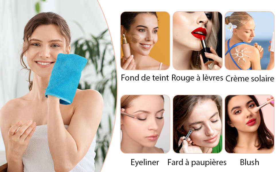 Guide d'application des cosmétiques présentant six produits et Techniques de maquillage différents, y compris les étapes d'application du fond de teint, du rouge à lèvres, de la crème solaire, de l'eye-liner, du fard à paupières et du fard à joues