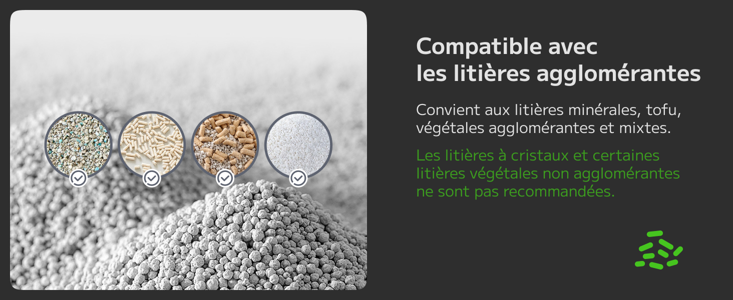Le texte se lit comme suit : « Compatible avec les filtres agglomérantes » avec quatre échantillons d'ingrédients ou de matériaux dans des bols circulaires contenant de la poudre blanche, des granulés beige, une poudre gris clair et une substance blanche avec des informations de compatibilité du produit.