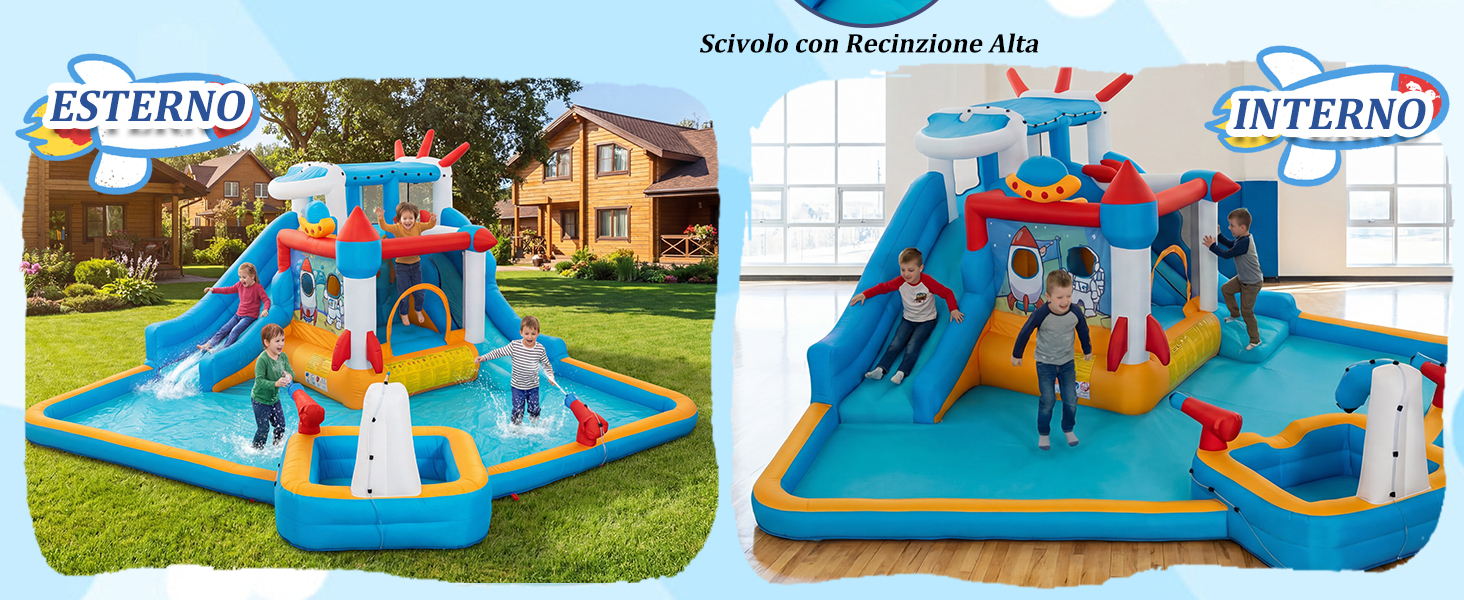 Il testo recita «INTERNO» e «ESTERNO». Viste multiple di un centro giochi d'acqua gonfiabile con scivoli, irrigatori e strutture per arrampicarsi nei colori blu, rosso e bianco.