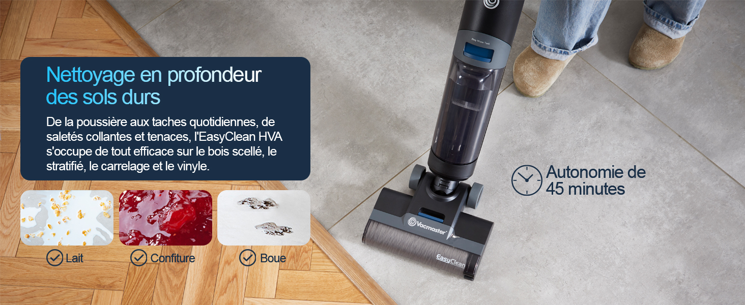 Le texte indique « Nettoyage en profondeur » et « Autonomie de 40 minutes ». L'image montre une machine à nettoyer les sols sur une surface en bois avec une démonstration du produit et des spécifications en français.