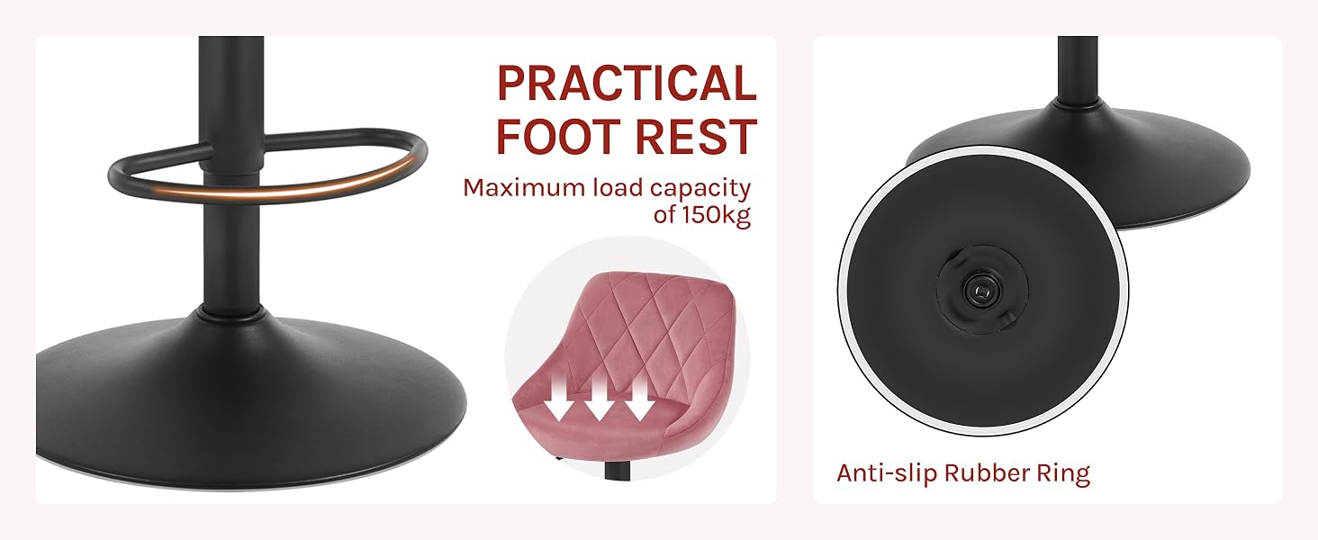 Bar stool base with practical foot rest, 150kg capacity, and anti-slip rubber ring. Features black metal frame with circular base and pink quilted seat cushion.