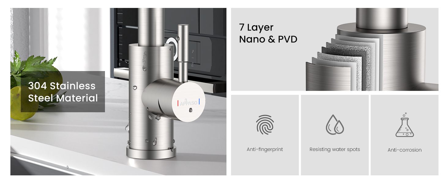 304 stainless steel water filtration system showing 7-layer Nano and PVD filtration technology with fingerprint-resistant finish.