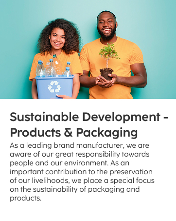 Text reads 'Sustainable Development - Products &amp; Packaging'. Marketing image showing people in casual attire holding and examining product packaging samples, emphasizing sustainability in manufacturing.