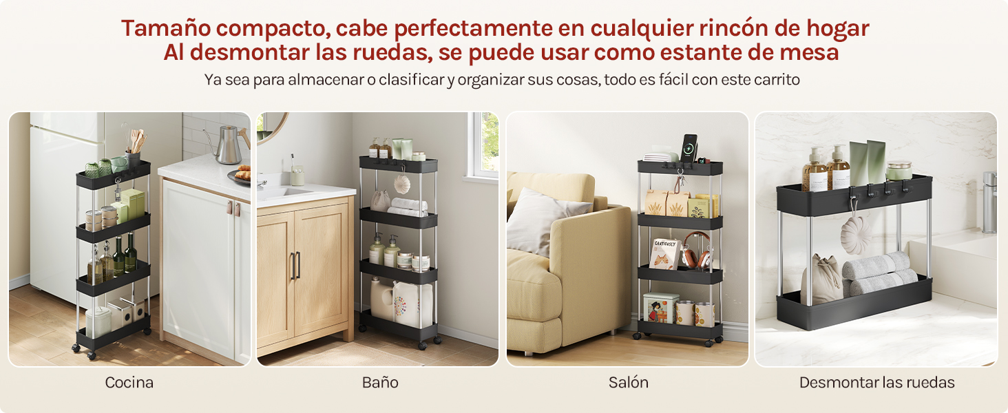 El texto dice: «Tamaño compacto, cabe perfectamente en cualquier rincón del hogar. Al desmontar las ruedas, se puede usar como estante de mesa. Cuatro imágenes que muestran un carro de almacenamiento compacto en diferentes ambientes de la habitación.