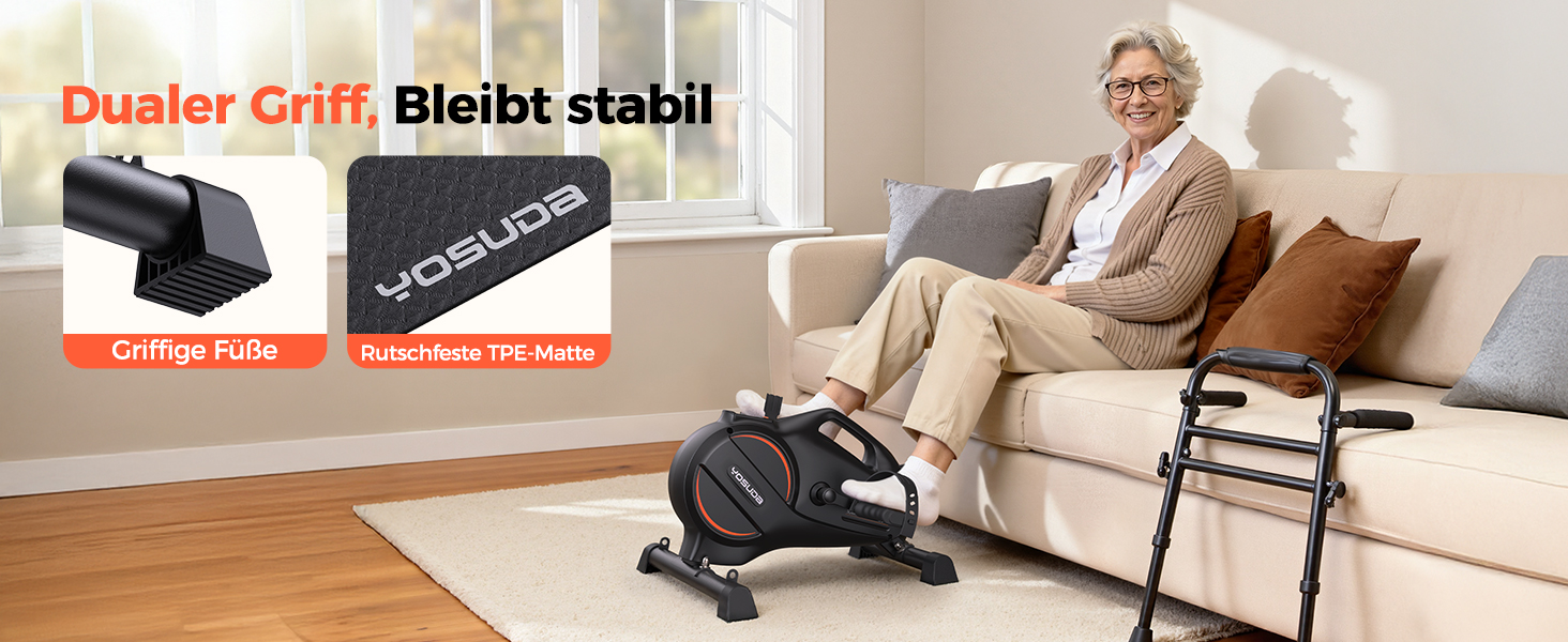 Der Text lautet „Dualer Griff Bleibt stabil“. Das Produktbild zeigt eine sitzende Person, die ein Pedaltrainer unter dem Schreibtisch benutzt, wobei die beiden Griffe sichtbar sind.