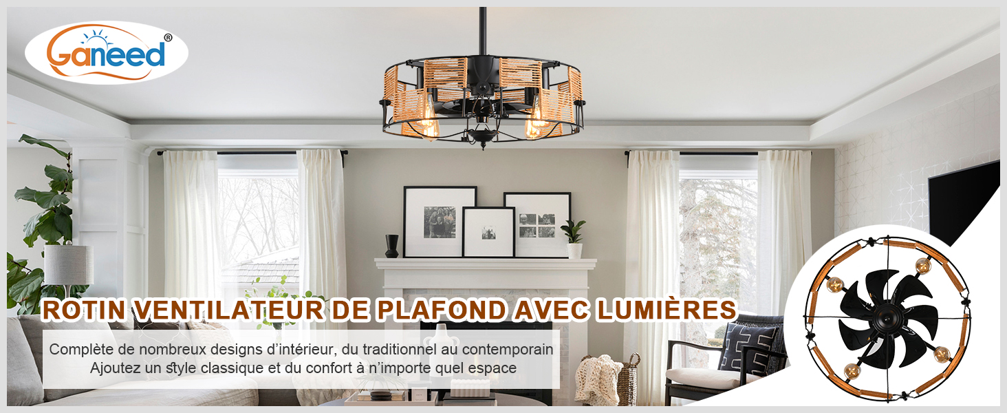Ventilateur De Plafond Avec Lumière - 50 Cm, Style Rustique - Télécommande, 3 Vitesses, Réversible - Pour Chambre, Salon, Bureau