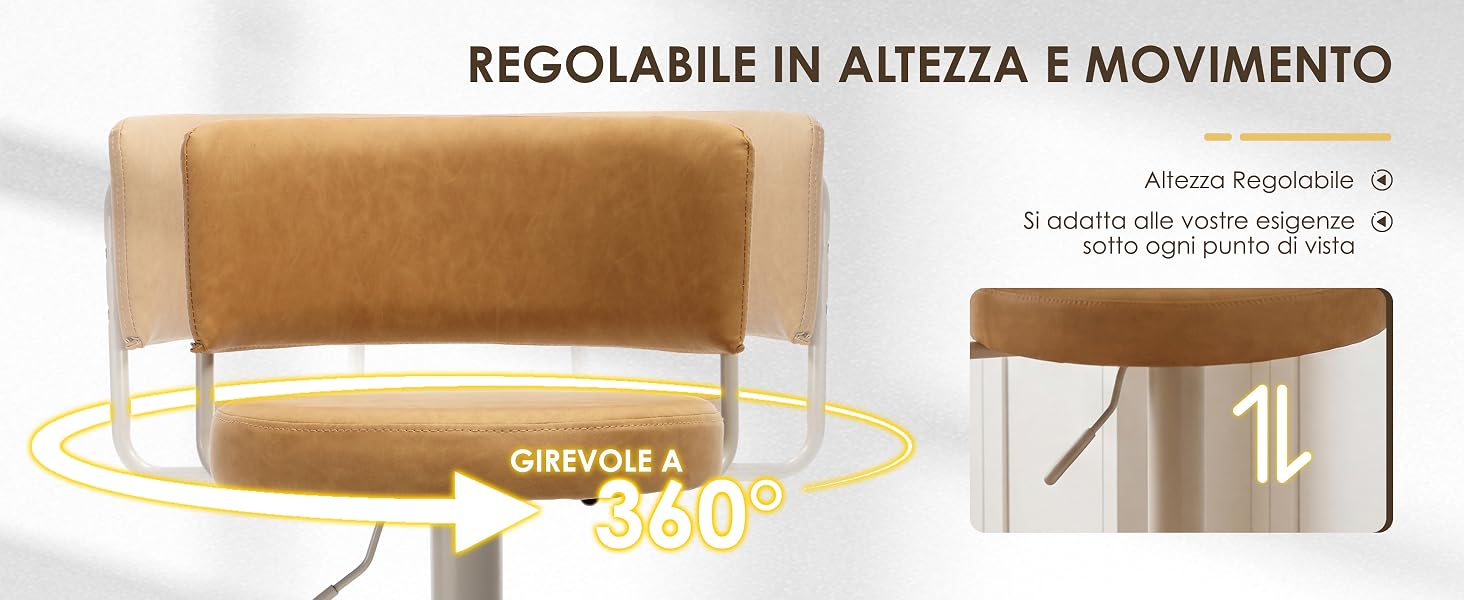 Il testo recita «REGOLABILE IN ALTEZZA E MOVIMENTO» e «Si adotta alle vostre esigenze». Sgabello da bar girevole in pelle marrone chiaro con base a piedistallo bianca, visibile dalla vista frontale e laterale che evidenzia il meccanismo di regolazione dell'altezza.