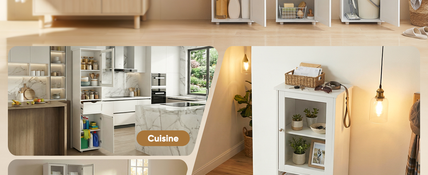Collage de design d'intérieur moderne montrant différents angles d'une maison minimaliste avec des armoires blanches, des éléments en bois et des luminaires suspendus. Cuisine et espaces de vie lumineux et aérés.