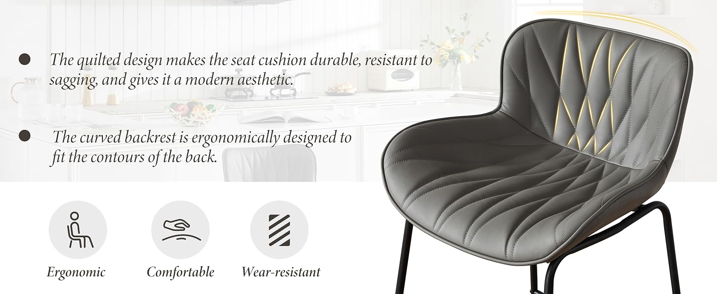 Text reads: 'The quilted design maximizes user comfort, thereby allowing to keep soft parts in a comfortable state.' and 'The curved backrest is ergonomically designed to fit the contours of the back.' Gray quilted seat cushion with ergonomic design.