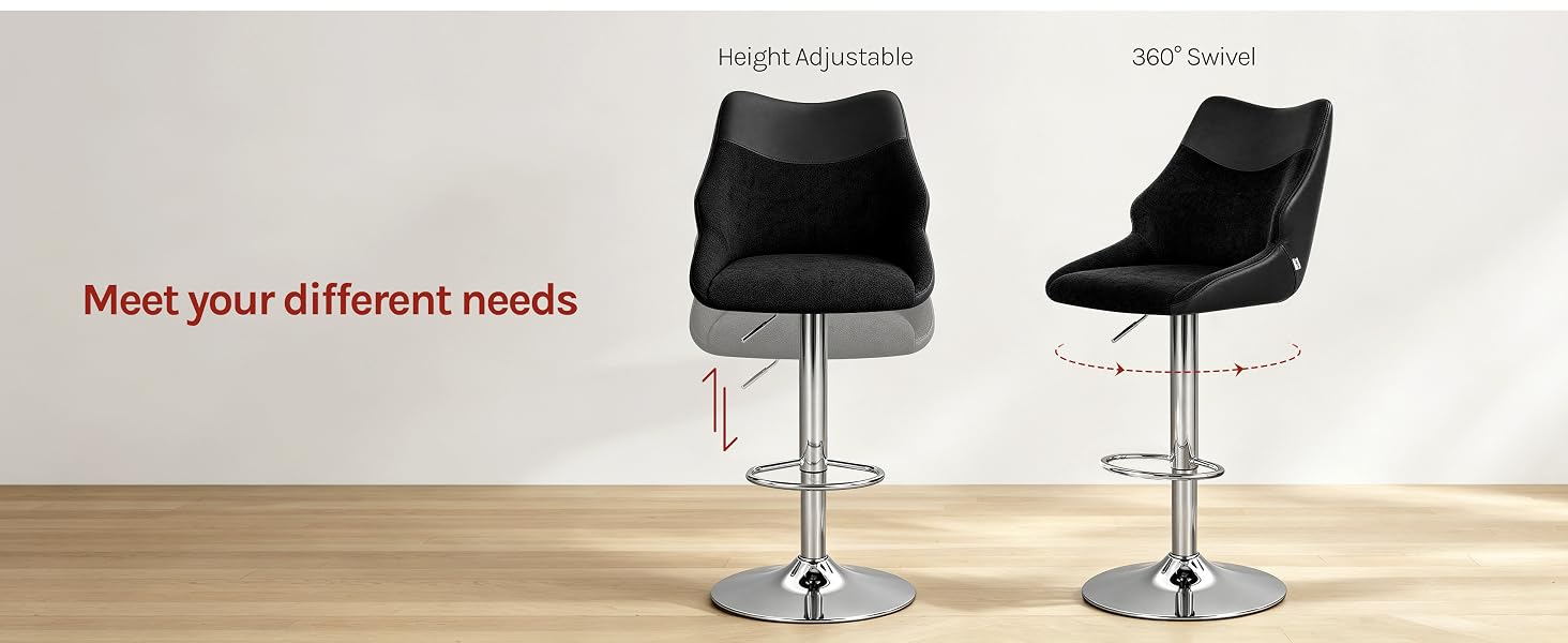 Text reads 'right size or style', '360°Swivel', 'Meet your different needs'. Two adjustable bar stools with black upholstered bucket seats, chrome hydraulic bases, shown against white background.