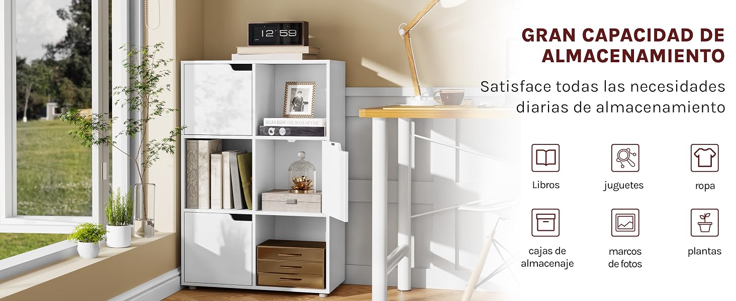 Moderno armario de almacenamiento blanco con varios compartimentos y estantes, que se muestra en una habitación luminosa con ventana, con iconos organizativos.