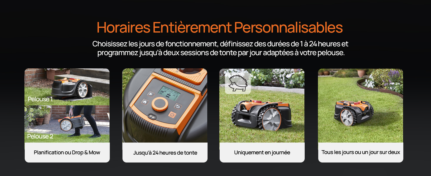 Le texte indique « Horaires entièrement personnalisables ». Quatre panneaux carrés montrant différentes activités, notamment la tonte de la pelouse, la navigation par boussole, les véhicules tout-terrain et les activités récréatives de plein air.