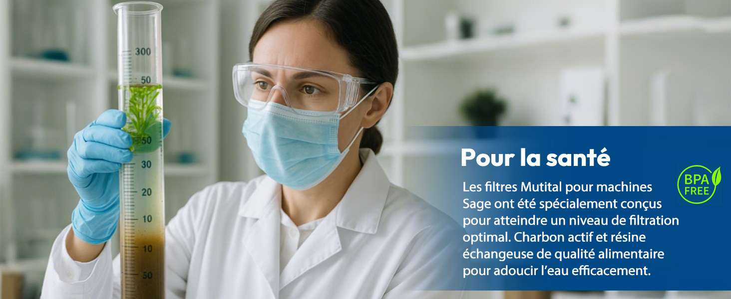 Le texte se lit comme suit : « Pour la santé ». Cadre de laboratoire montrant des mains gantées tenant un liquide vert dans un tube à essai. Superposition bleue avec texte français sur la recherche en santé.