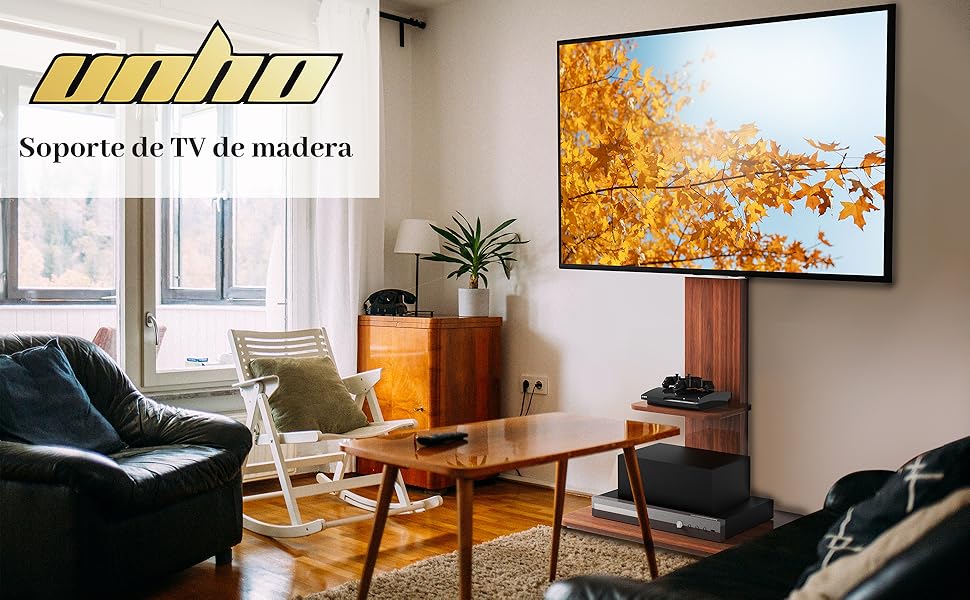 unho Soporte TV Suelo de Madera, Soporte TV Pie de Altura Ajustable con 2  Estantes y Gestión de Cables Soporte de TV Universal para LCD LED de 32-65  Pulgadas MAX VESA 600x400mm 