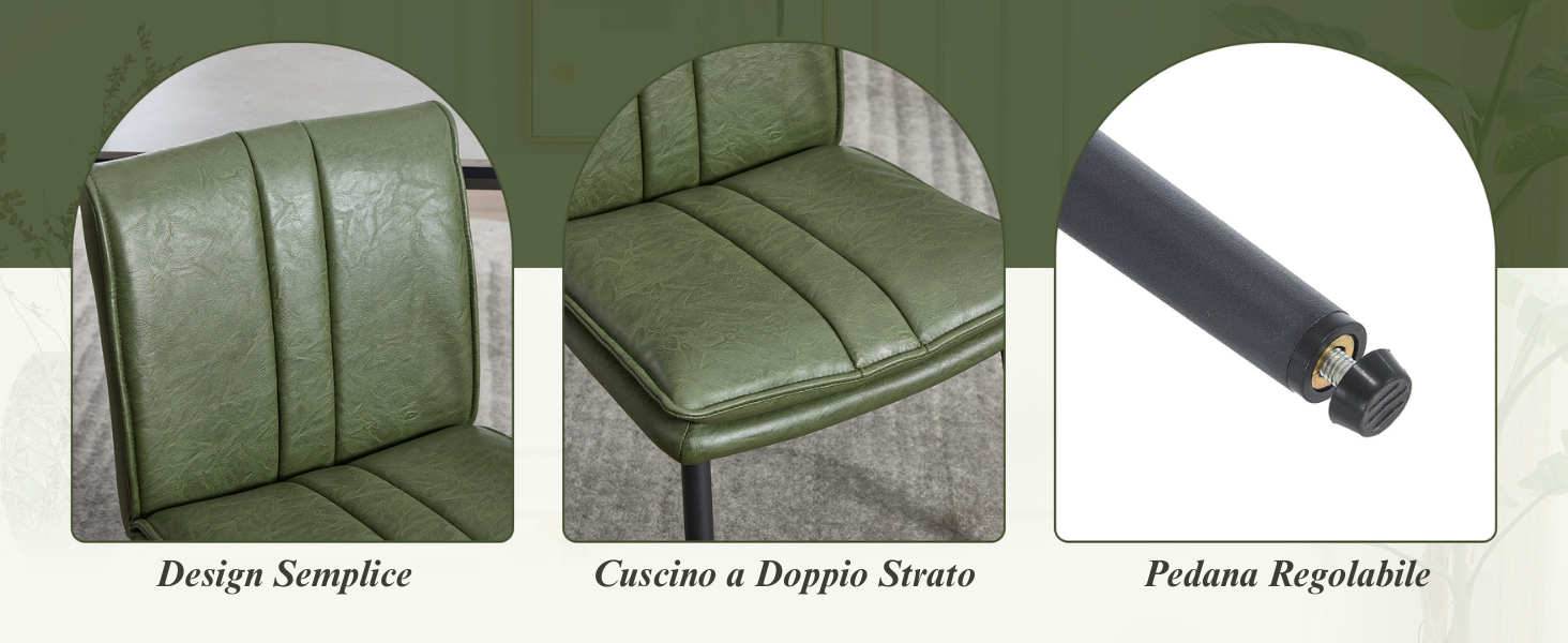 Il testo recita 'Design Simpler', 'Conciso e Doppio Strato', 'Pedana Regolabile'. Tre immagini che mostrano dettagli di mobili imbottiti verdi e un componente di montaggio nero.