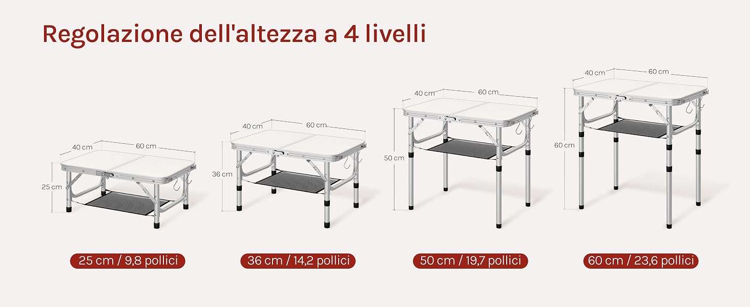 Il testo recita 'Regolazione dell'altezza a 4 livelli'. Diagramma a quattro pannelli che mostra le impostazioni di altezza regolabili per quello che sembra essere un mobile, con le misure.