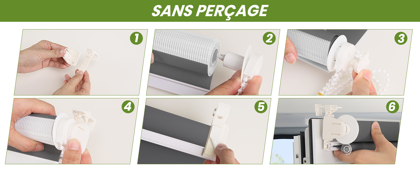 Guide d'instructions en six étapes pour l'installation d'une bande adhésive blanche. Montre des mains appliquant la bande sur une surface sans percer, étiquetée « Sans perçage ».