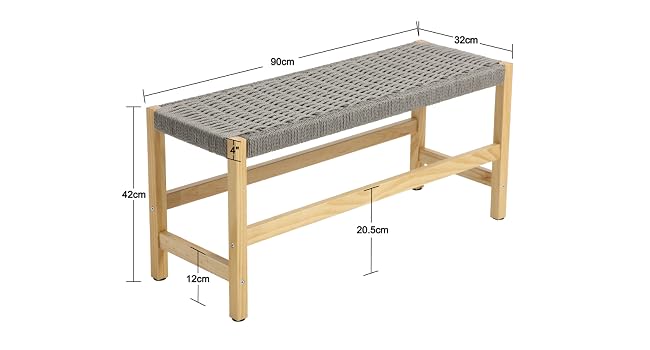 Disegno tecnico di una panca o tavolo in legno con misure dettagliate. Presenta una struttura in legno con superficie a griglia e dimensioni specificate.