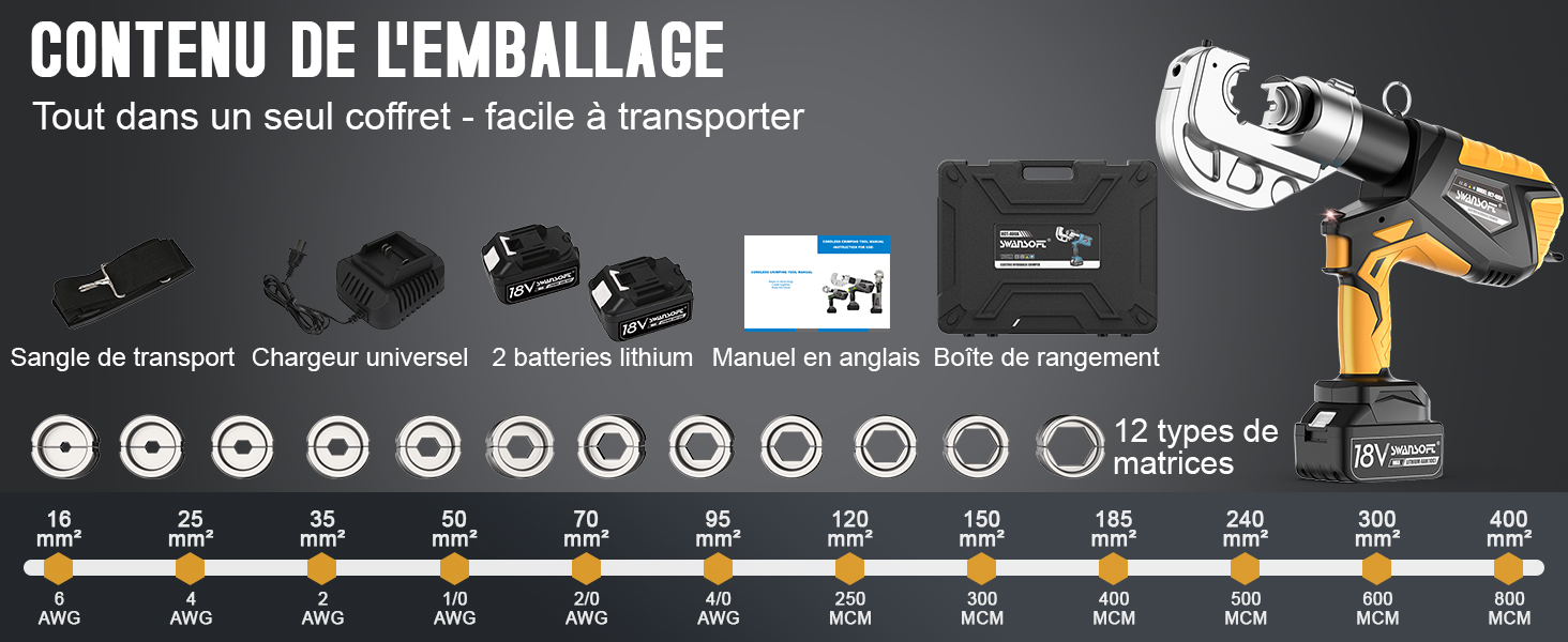 Le texte indique « CONTENU DE L'EMBALLAGE ». Schéma du contenu du produit affichant les composants électroniques avec des icônes numérotées et une étiquette en texte français.