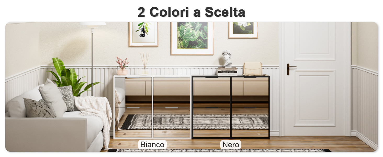 Il testo recita «2 Colori a Scelta». Interno moderno del soggiorno con composizioni minimaliste di mobili bianchi contro pareti neutre.