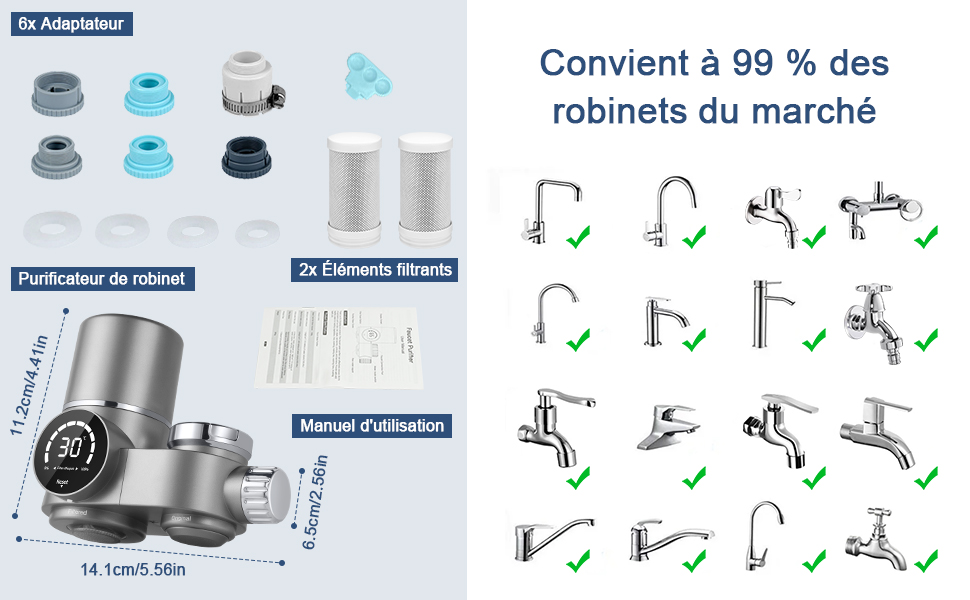 avec affichage numérique, adaptateurs multiples, éléments filtrants et tableau de compatibilité montrant les différents types de robinets. Dimensions du produit : 14,1 cm x 5,5 cm.