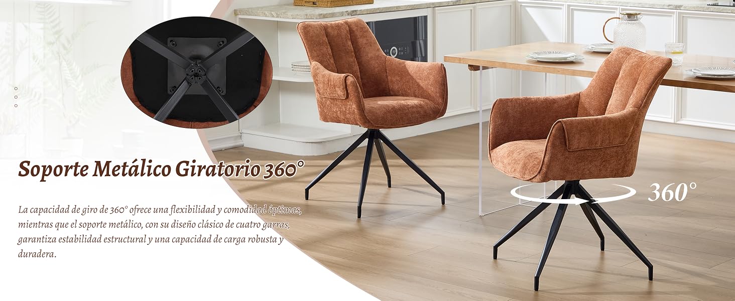 El texto dice «Soporte Metálico Giratorio 150». Sillón giratorio moderno con tapicería marrón y base de metal negro, que se muestra desde varios ángulos con un indicador de rotación de 360°.