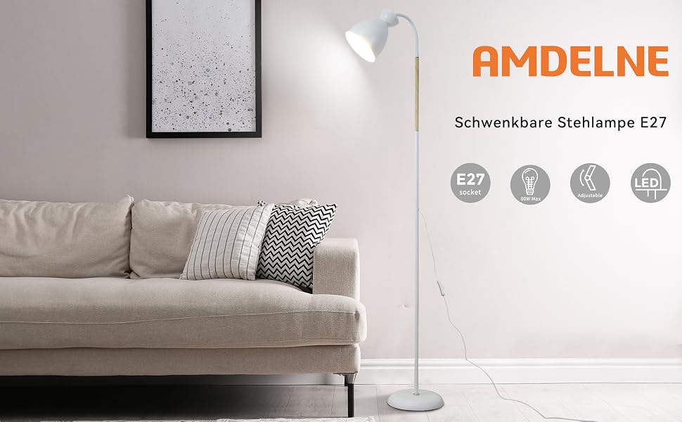 Moderne Stehleuchte mit verstellbarem Arm in einem minimalistischen Wohnzimmerambiente. Zu den aufgeführten Produktmerkmalen gehören eine E27-Sockel und verschiedene Symbole