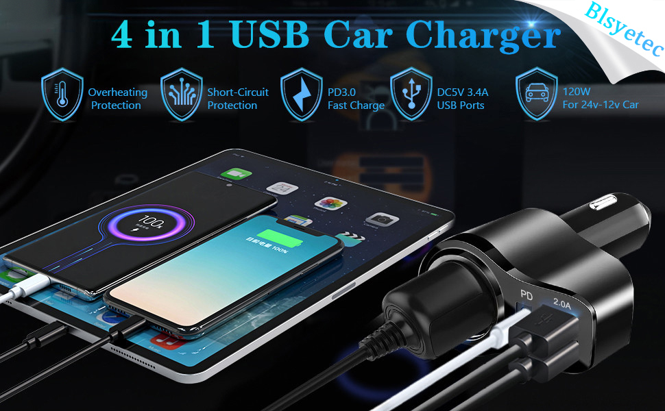 4-in-1 USB car charger with multiple ports. Features include overcharging protection, smart current allocation, fast charging, and compatibility with various devices.