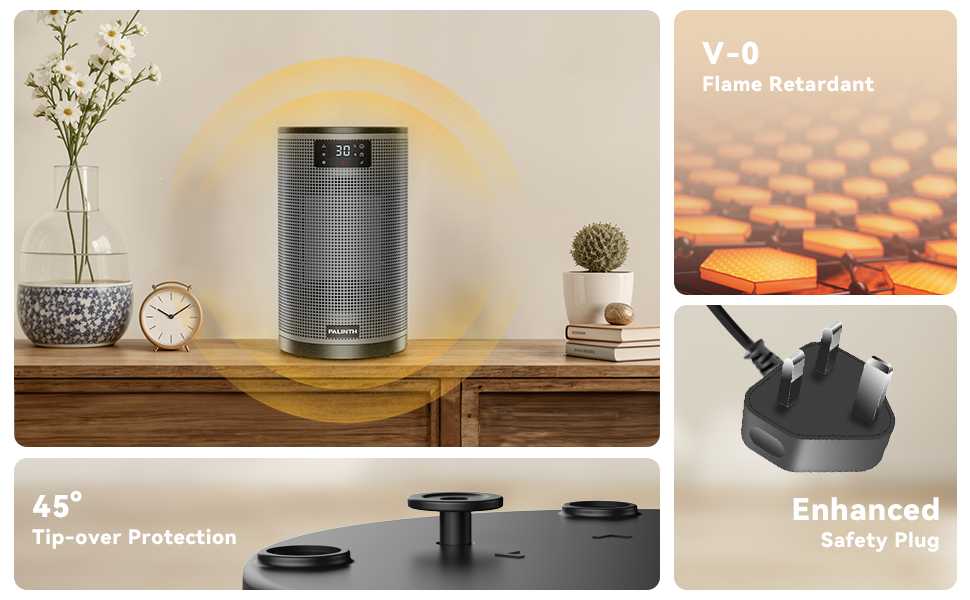 Cylindrical space heater on wooden surface. Additional panels show flame retardant properties, 45-degree tip-over protection, and enhanced safety plug features.